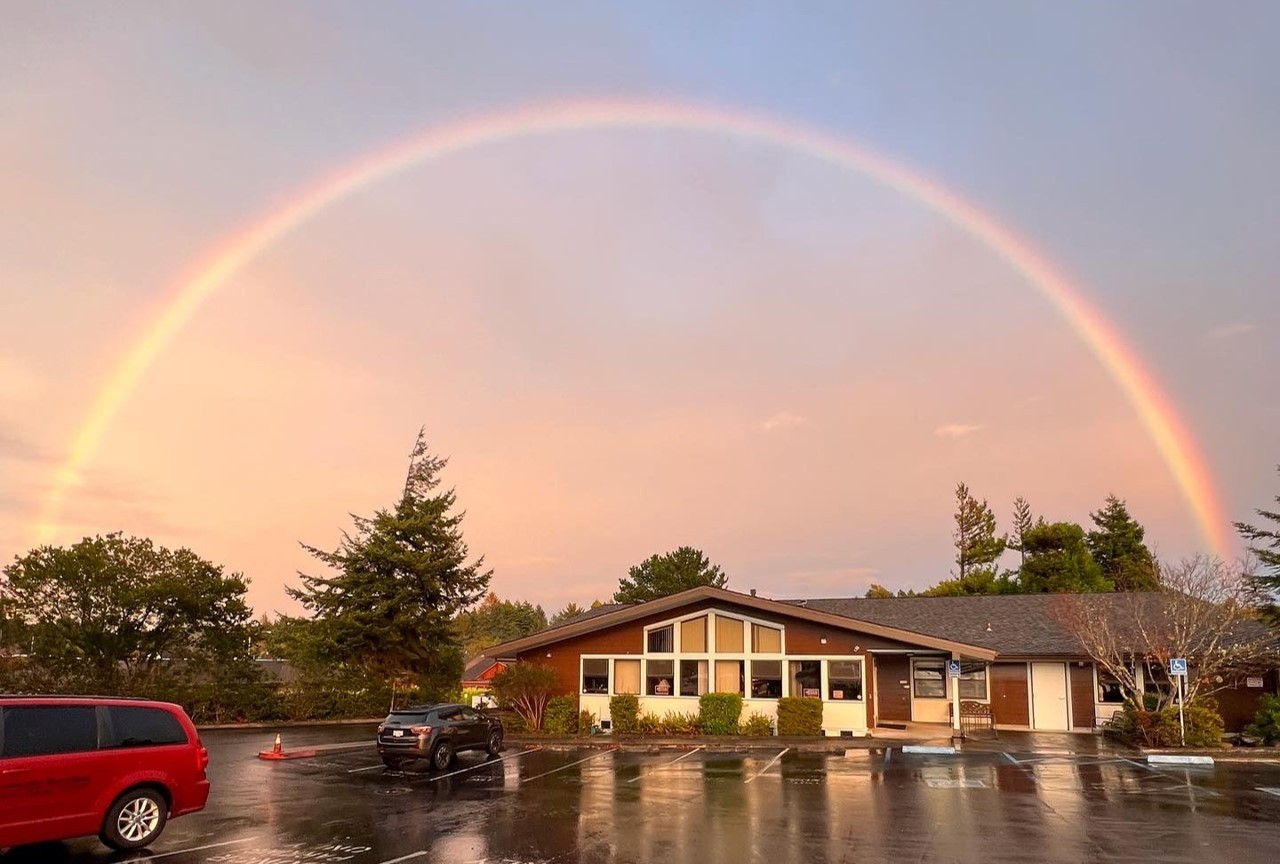 Rainbow arching over the Northern California Community Blood Bank donor center in Eureka.